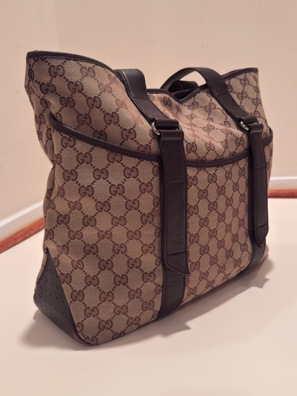 Gucci Beige & Brown GG Canvas Perforated Leather Tote Bag 145921